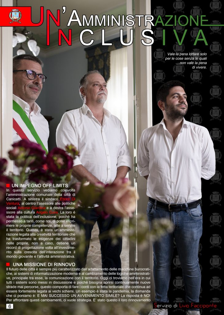 La sesta pagina della rivista Ritratti Innocenti 2021. Qui dentro presenti il sindaco Ettore Di Ventura, L'assessore Angelo Cuva e l'assessore Antonio Giardina.